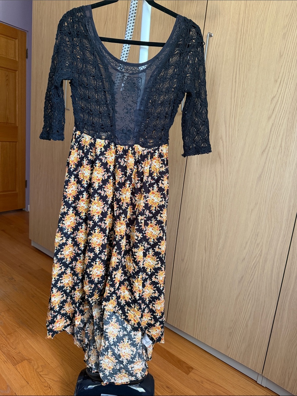 Free People Black Crochet Bodice Floral Midi Dress